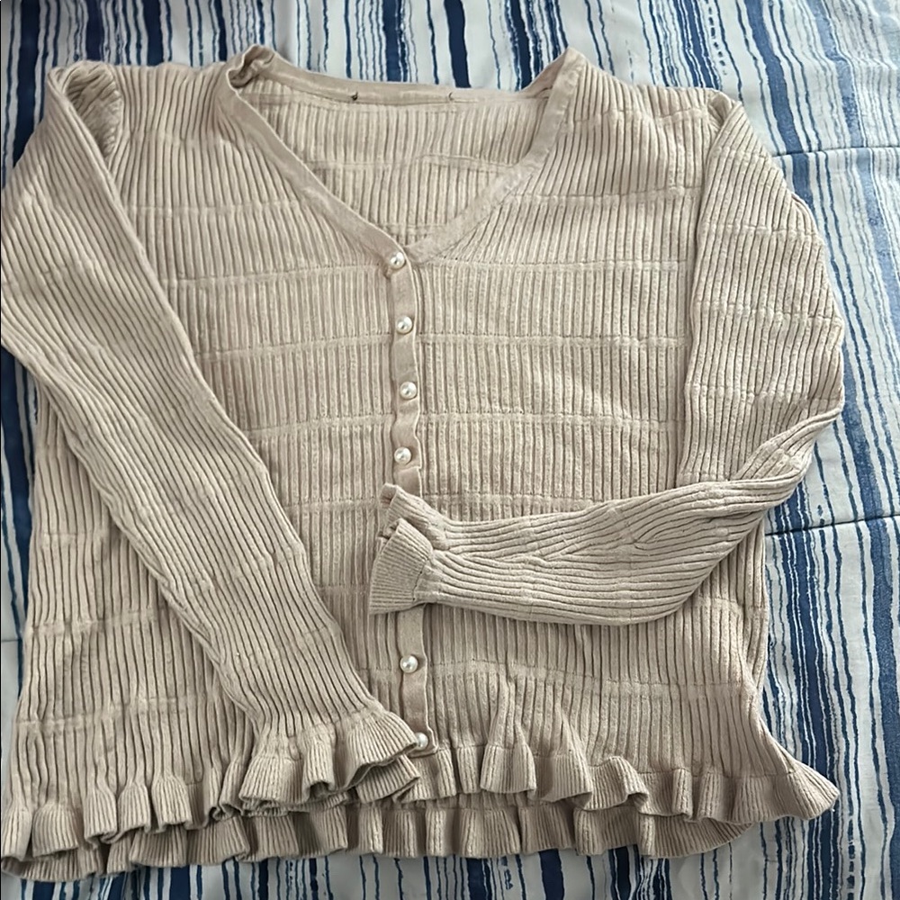 Cream Ribbed Cardigan with Ruffle Hem